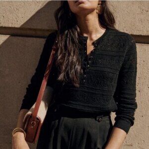 Sézane Lyna Jumper Black Merino Wool Lace Knit Sweater XS